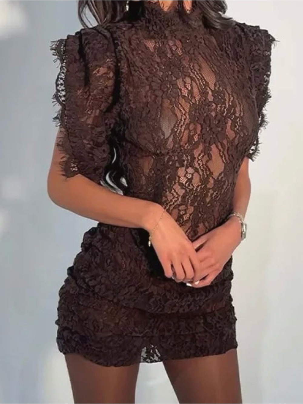 Chocolate Lace High-Neck Mini Dress - Picture 2 of 2
